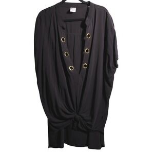 Tahiti Womens 1X Black Grommet V-Neck Knot Front Dolman Tunic Top Coverup Beach